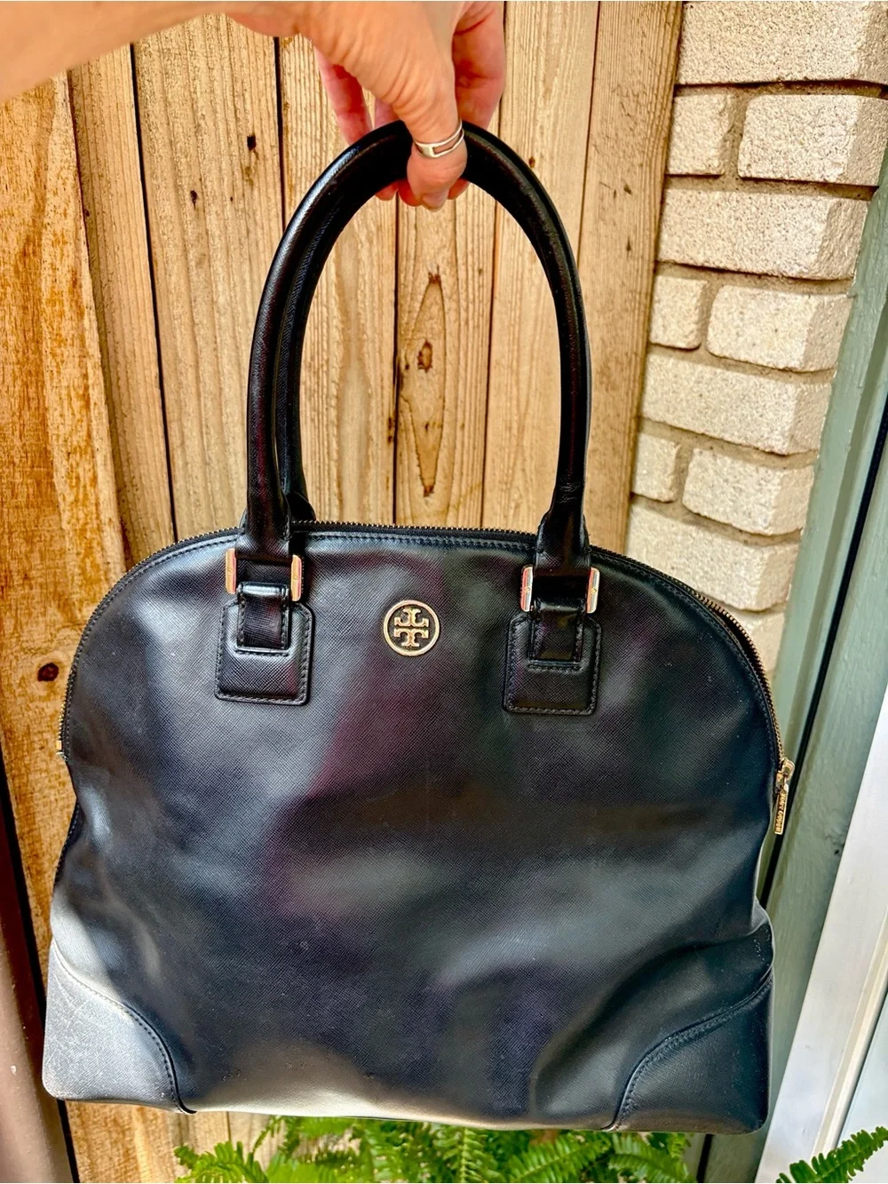 Tory Burch Black Leather Dome Satchel with Gold Logo